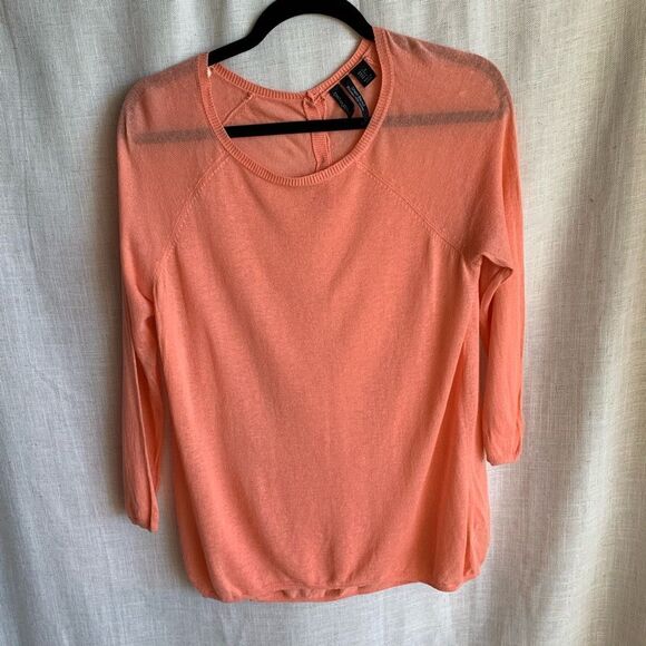 Sheer Peach Linen Blend Sweater w/ Back Buttons Chic Layering - Picture 15 of 16